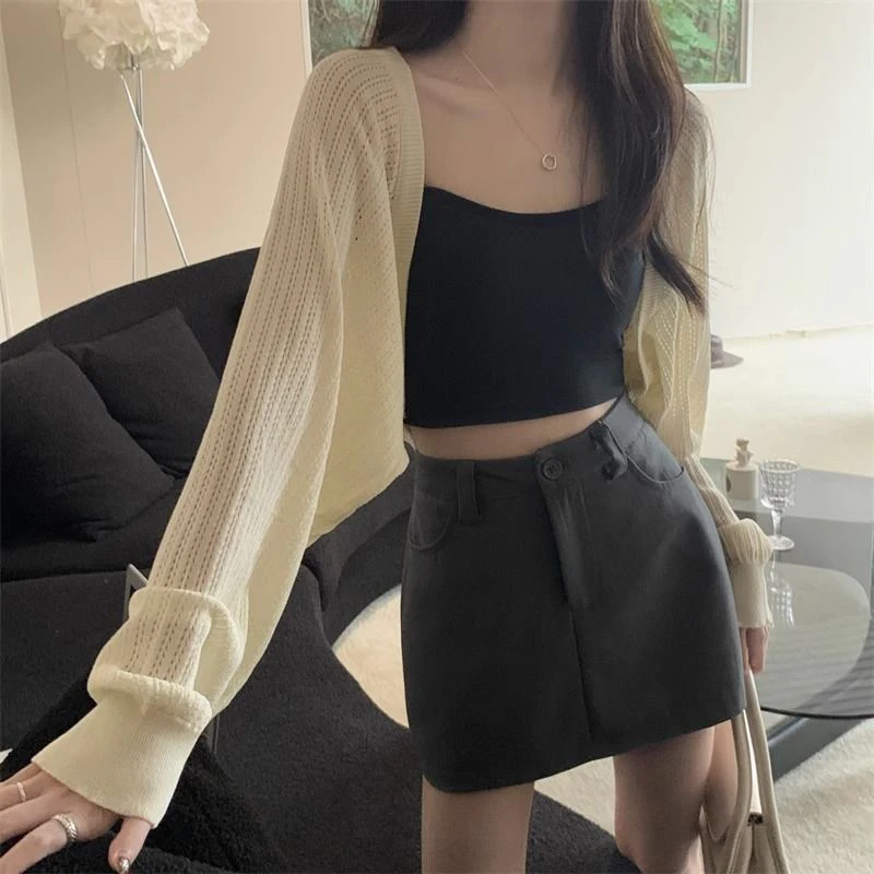 Hollow Out Sunscreen Cardigan Women Fashion Lantern Sleeve Thin Short Knitted Cardigans Woman Elegant Simple Crop Smock Top