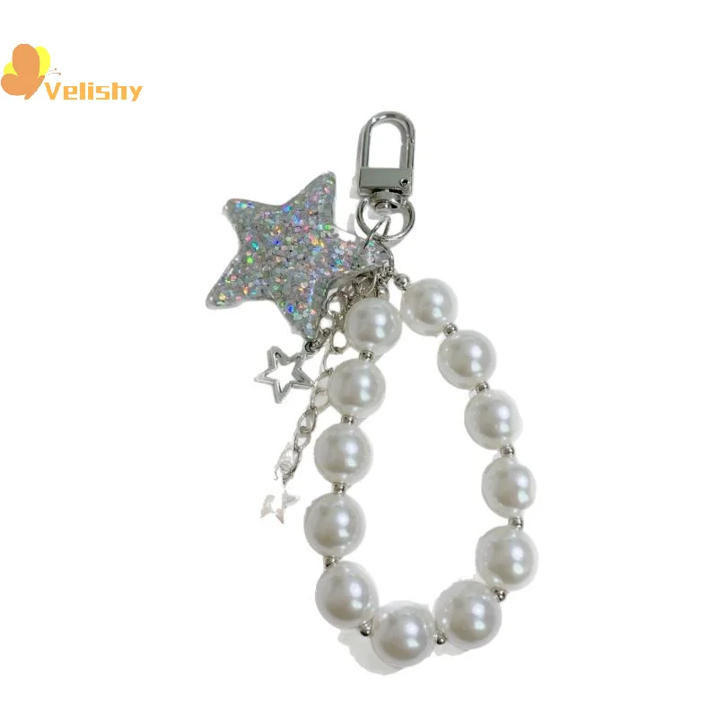 Kawaii الكرتون ستار سلسلة هواتف محمولة اللؤلؤ مطرز المفاتيح حقيبة أنيقة سحر الأزياء قلادة المفاتيح ظهره الديكور الهدايا