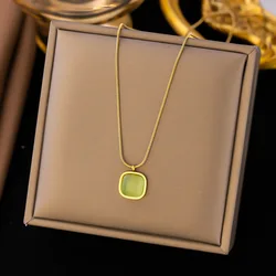 Square Natural Stone Necklaces for Women Stainless Steel Gold Color Fashion Korean Simple Clavicle Chain Party Jewelry Gift