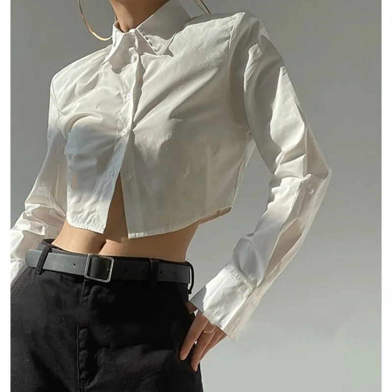 

QWEEK Cropped White Short Shirts Gyaru Vintage Long Sleeve Blouse Solid Color Minimalist Casual Button Up Women Clothes Autumn