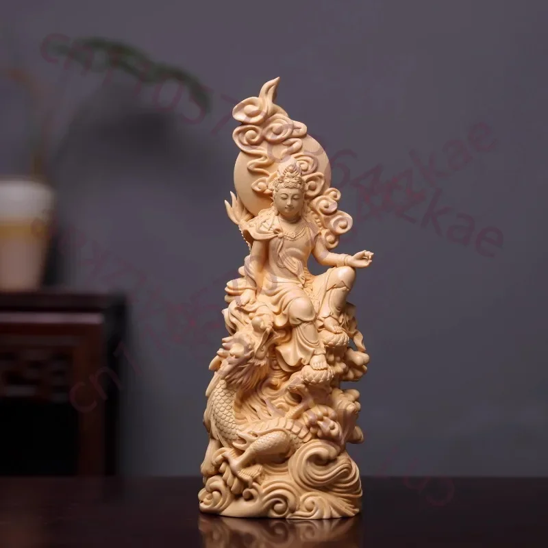 Wood Carved Guan Yin Statue Sitting on Dragon, Goddess of Mercy Figurine for Home Temple Altar Decor Ornament