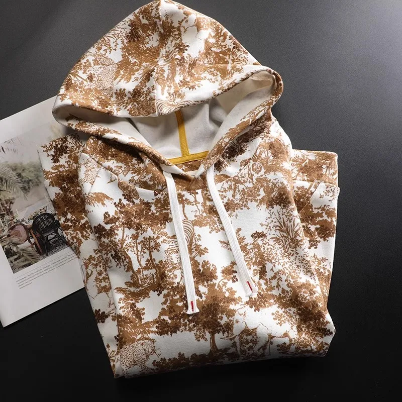 Cotton Thick Elastic Yellow Animal Forest Printed Sweatshirt Long Sleeve Casual Sweatshirt Women's Spring Loose Large Size