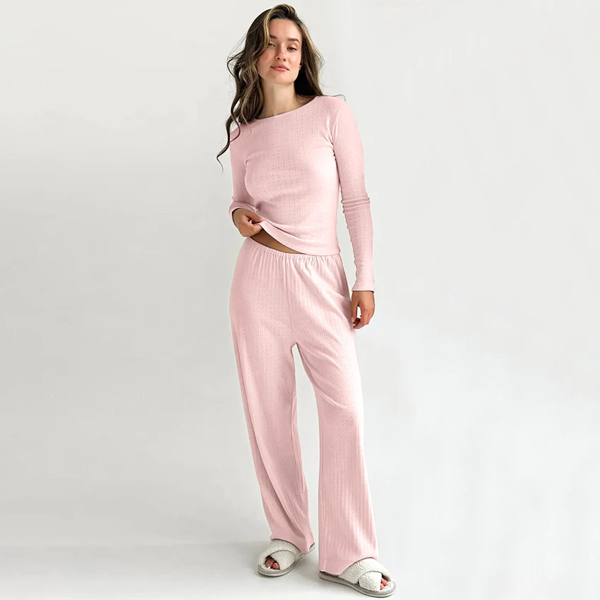 

HiLoc Casual Pink Knit Trousers Sets Pajamas For Woman Sport O Neck Tees With Elastic Waist Pants 2 Piece 2025 Home Sleepwear
