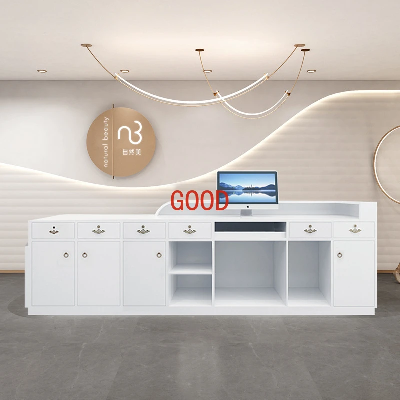 Reception de la empresa de belleza Mostrador de recepción Tienda de ropa de mujer sencilla y moderna página de caja Arco de barra