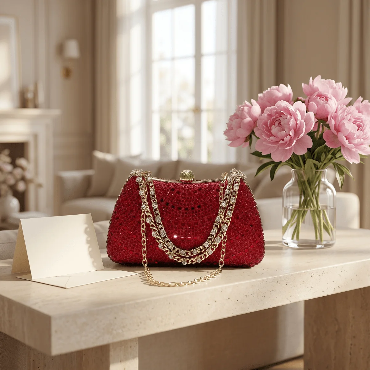 

Red Glitter Rhinestone Clutch Bag For Women Party Cocktail Bridal Evening Handbag Polyester