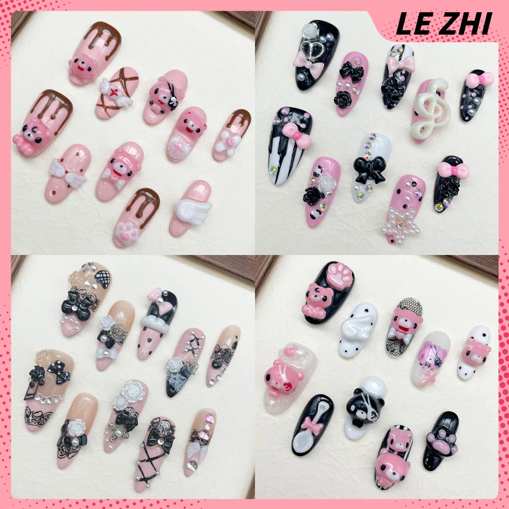 

10Pcs Handmade Long Almond 3D Press On Nails Lace Rose Flower Pearl Note Angel Wings Y2K Little Bear Dot Pattern Fake Nails