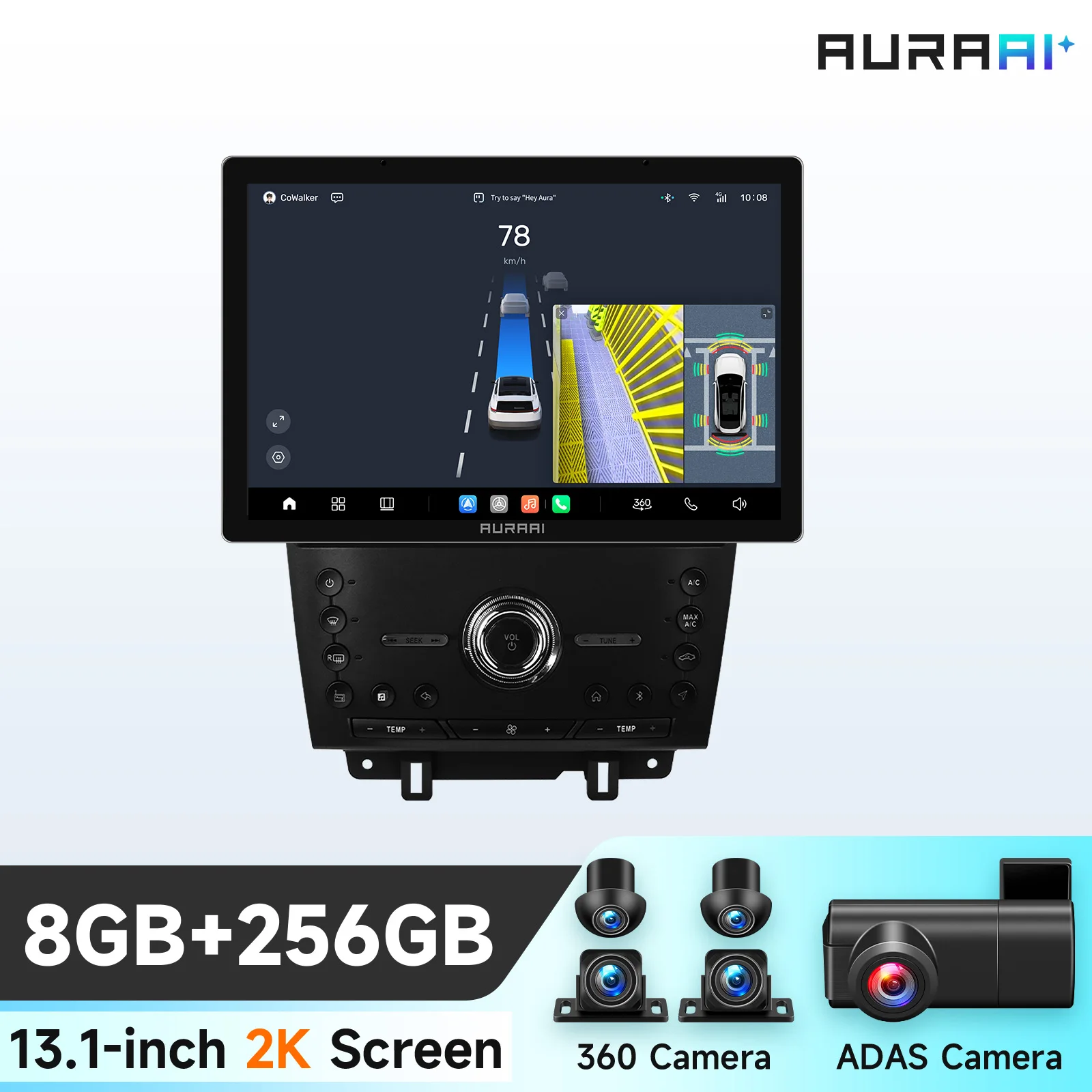 AURAAI 2K Android Auto-GPS-Bildschirm Wireless CarPlay für Ford Mustang 2010 2011 2012 2013 2014 Multimedia-Videoplayer ADAS 360-Grad-Kamera Navigation Stereo 7870 AI-Sprachsteuerung Head Unit 2DIN 4G