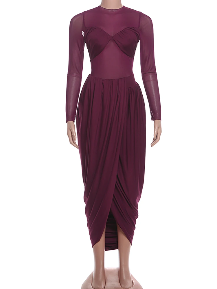 Weird Puss Wrapped Sexy Dress Women Mesh Patchwork Split Ruched Elegant Full Sleeve Trend Birthday Banquet Party Maxi Bodycon