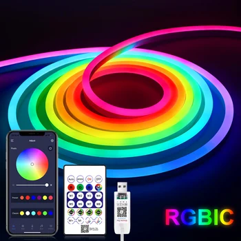 USB DC5V RGBIC 네온 LED 스트립 라이트, 방수 네온 사인 테이프, 블루투스 리모컨, 방 벽 장식, 요정 조명, WS2812B