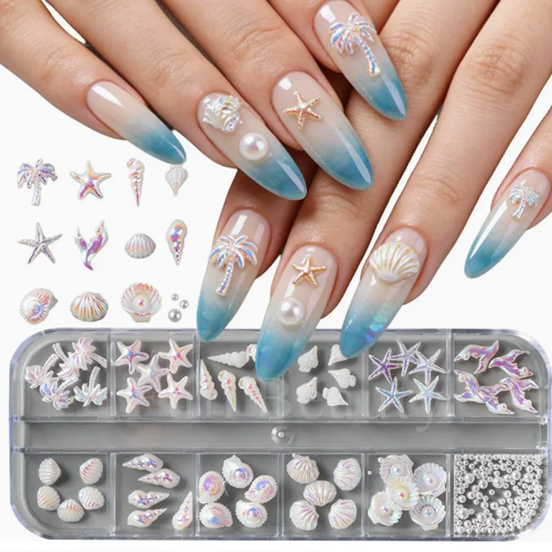 1Box New Ocean Style Aurora Shell Conch Nail Art Charms 3D Stereoscopic Starfish Coconut Tree Pearl Mixed Nail DIY Accessories