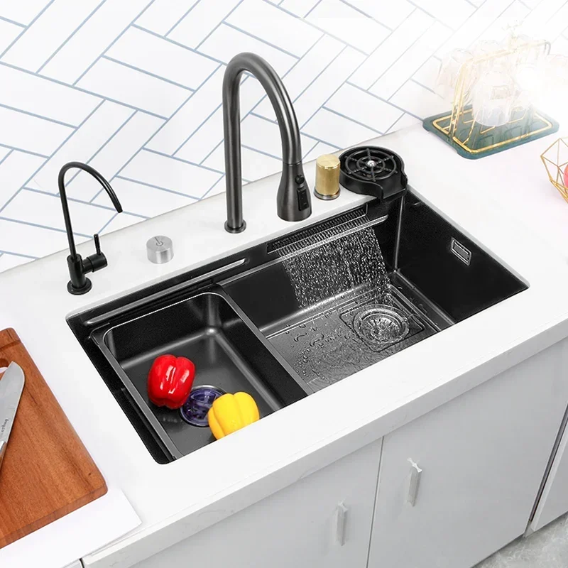 

Hidden waterfall Sink Undermount Kitchen sink Single Bowl Stainless Steel Set Workstation With Basket Strainer Drain