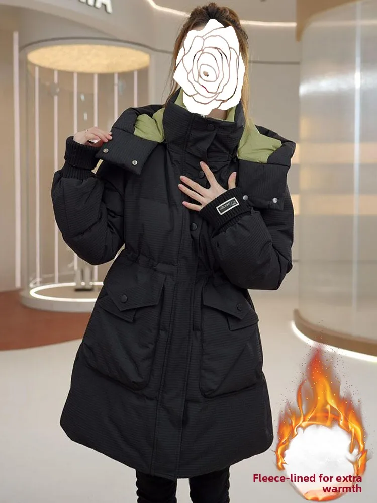 티엔드 코튼 다운 재킷 여성용 미드-랭스 파카 코트 겨울 신상 슬레 한국 스타일 루즈핏 롱 스웨이드 지퍼 클로저