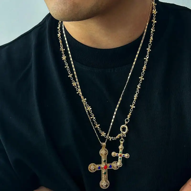 Hiphop Punk Pearl Cross Pendant Necklace for Women Men Vintage Colorful Rhinestone Chain Necklace Fashion Party Jewelry