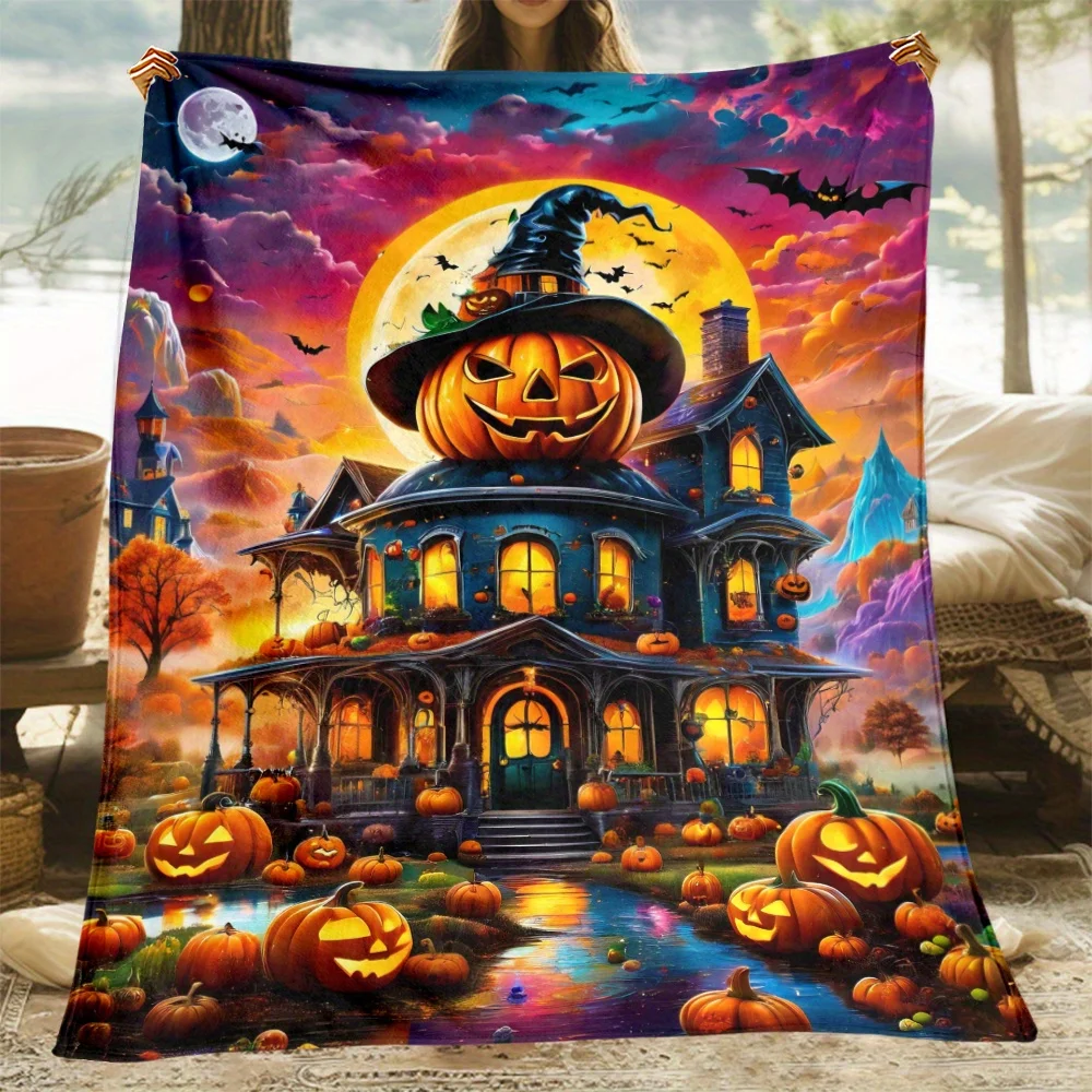 Cozy Halloween Castle Flannel Throw Blanket , Office Chair, Camping & Travel | Durable Polyester, Machine Washable