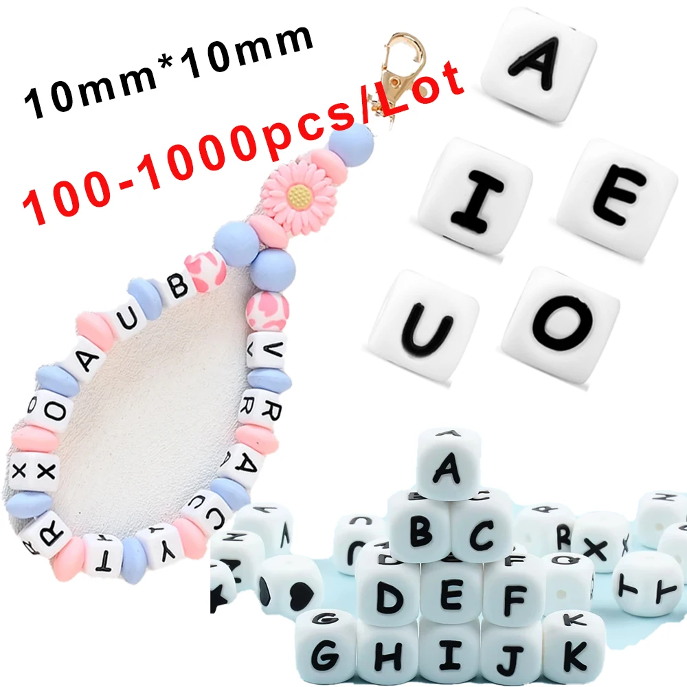 

100-1000pcs/Lot Quantity White Square 10mm English Letter Silicone Beads For DIY Jewelry Making Necklace Pendant Pen Accessories