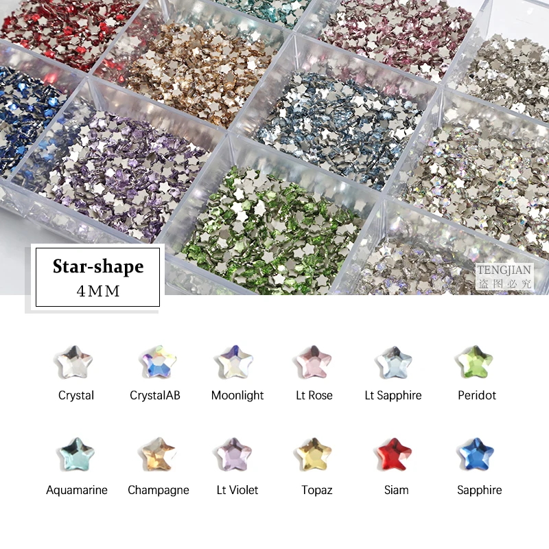 Star 4MM Glittering Flat Back Glass Crystals Mini Nail Art Rhinestones 12Color 3D DIY Manicure Decorations Diamond 30/100Pcs