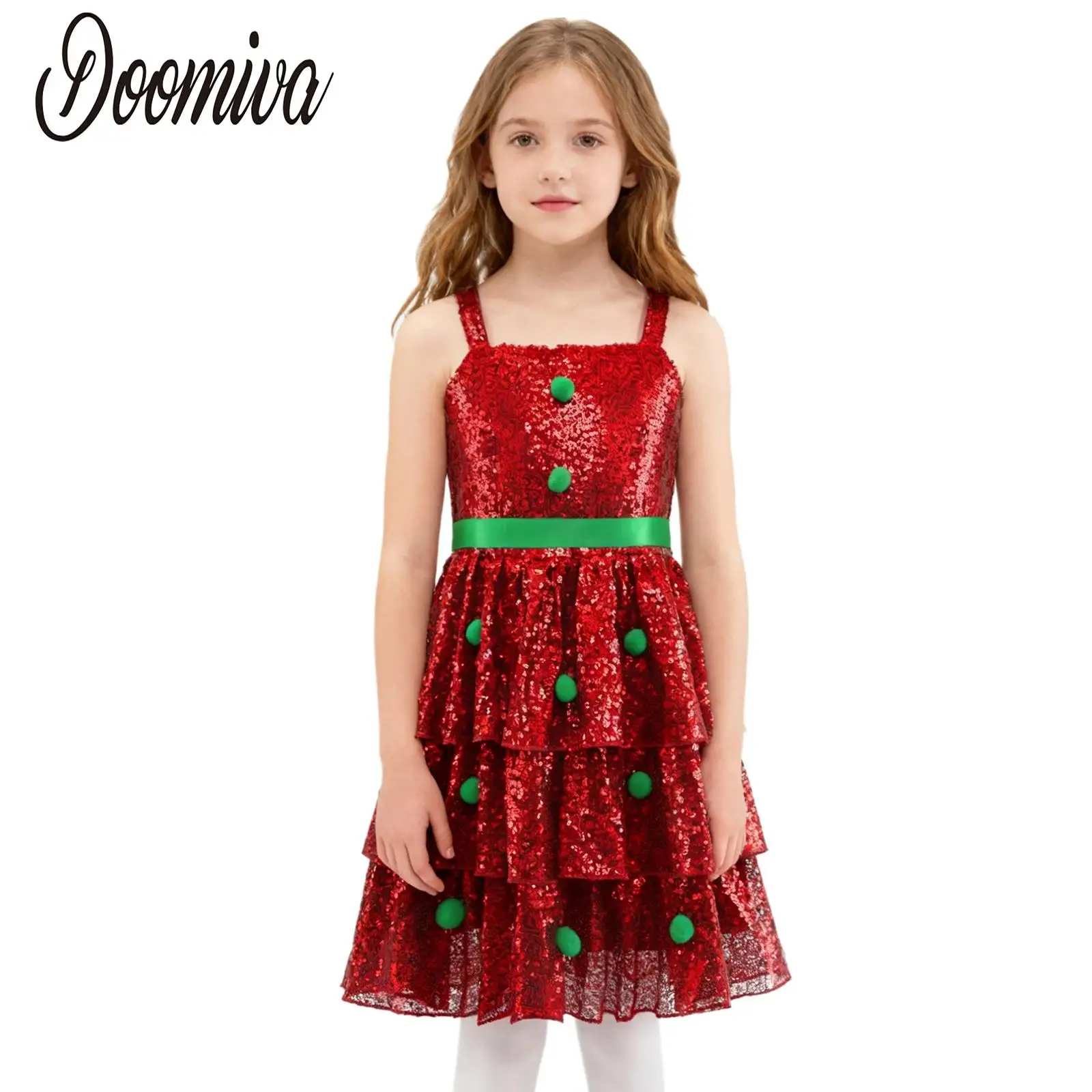 

Girls Christmas Xmas Tree Dress Costume Tutu Sequin Pompom Sleeveless Zipper Ruffled Layered Dress for Festival Family Gathering