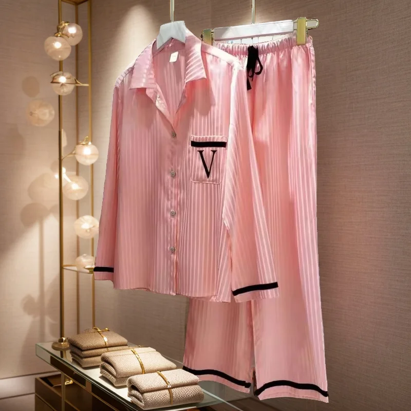 Satin Silk Pajamas For Women Two Piece Set New In Fashion Simple Casual Wear Cardigan Stripe Luxury Party Loungewear Pants Set