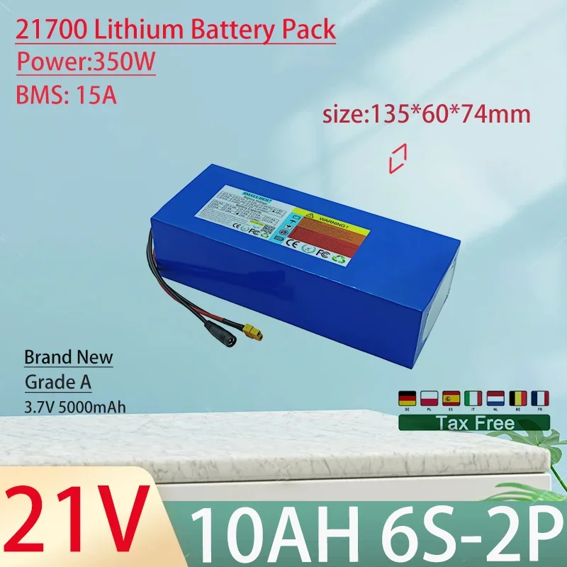 21V 10Ah 21700 6S2P Lithium Ion Battery Pack 350W Power Tool Batteries Outdoor Backup Batteries With 15A BMS+25.2V 2A charger