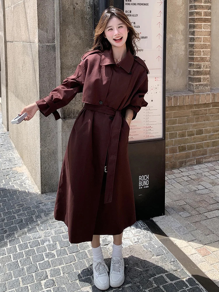 BZVW Wine Red French Style Trench Womne\'s 2024 Autumn New Lapel Solid Color Belt Gathered Waist Long Casual Coats 25A9268