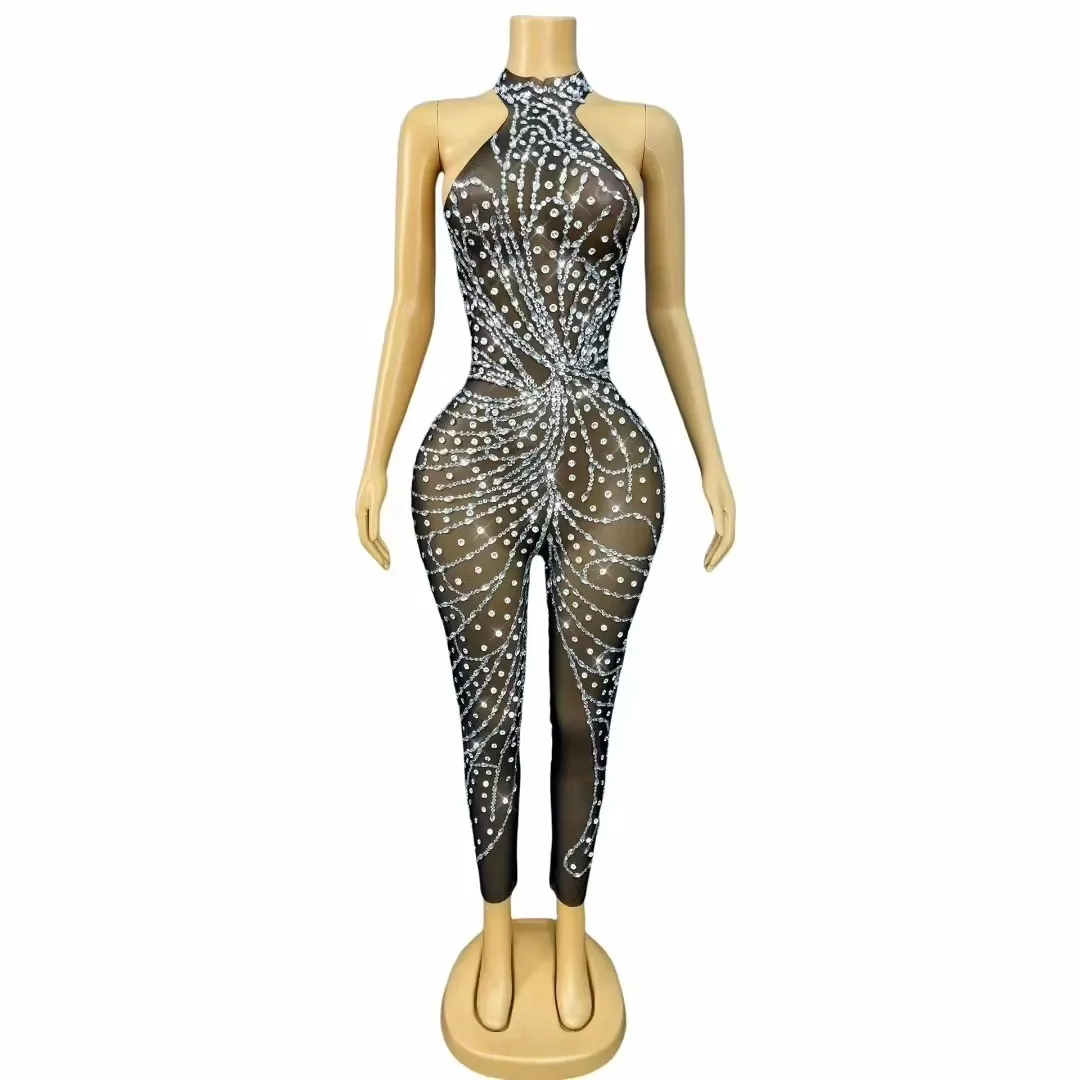 Women's Rhinestones Sleeveless Black Mesh Jumpsuit Transparent Design Birthday Parties Stage Performances Singers And Dancers