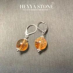 HEYYA STONE 10MM Natural Azeztulite Citrine Drop Earrings Simple Classic 925 Sterling Silver Gemstone Jewelry