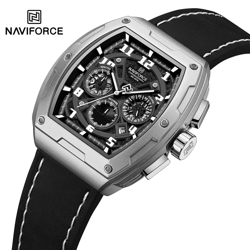 NAVIFORCE Chronograph Quartz Watch for Men Tonneau Dial Military Sport Wristwatch Male Leather Strap Waterproof Watch Auto Date