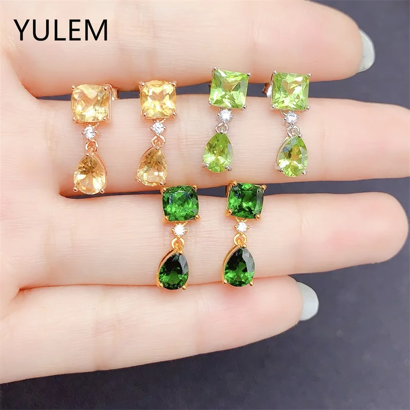 

Серебряные женские серьги 6x6 мм, натуральный диопсид, цитрин, перидот, серьги-гвоздики из стерлингового серебра 925 пробы, обручальные серьги