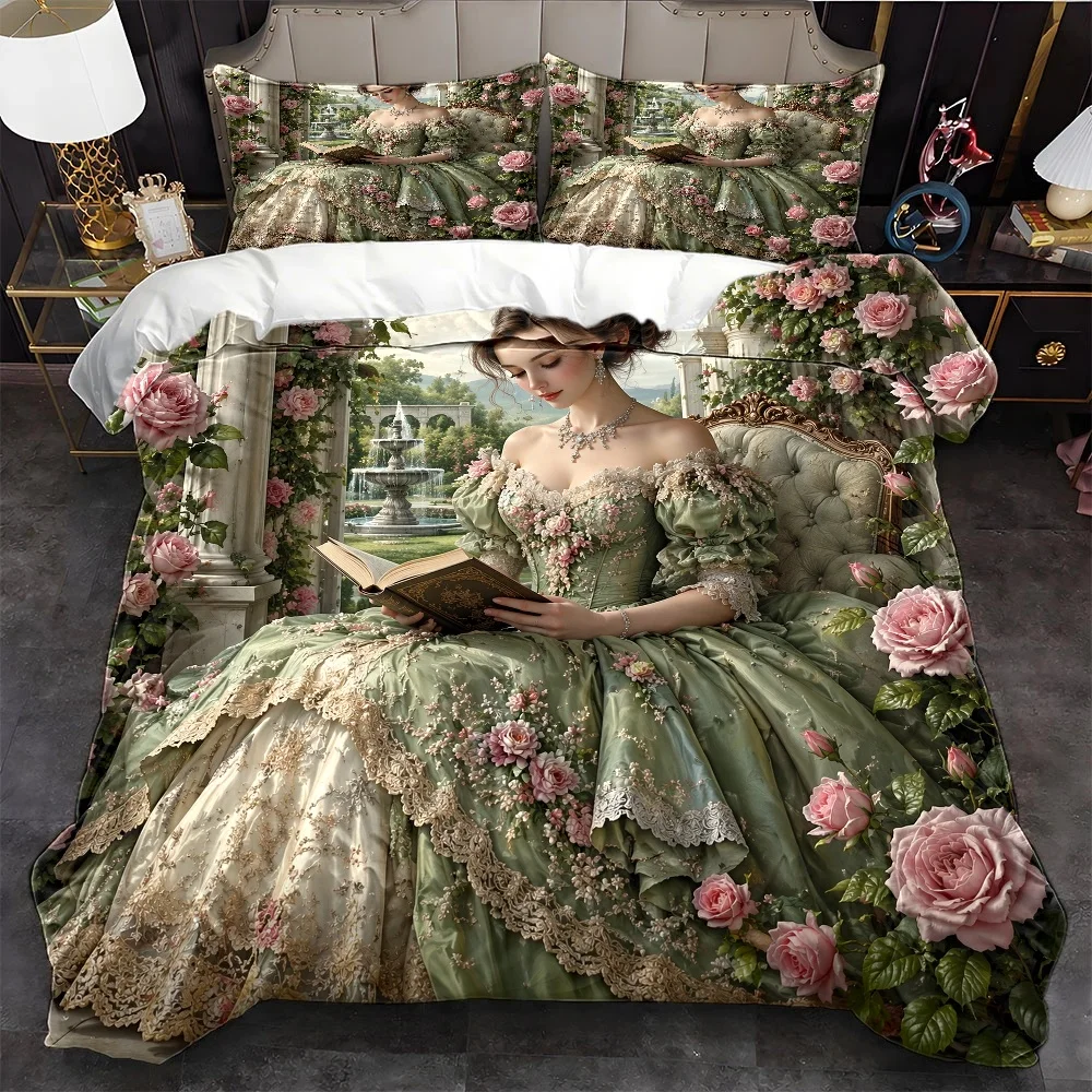3Pc French Palace-Style Rose Garden Princess Duvet Cover Set, Three-Piece Bed Set (1*Duvet Cover + 2*Pillowcases), Suitable for All Seasons, Machine Washable, Invisible Zipper Design, Large Double Bed Cover Set, Suitable for Home, Dormitory, Master Bedroom, Guest Room, Vintage Lace Floral Embroidery Bedding, European Luxury Palace-Style Bedding, Exquisite Floral Print Bedding Set, Comfortable and Skin-Friendly Bedroom Decoration Bedding, 2D Flat Print