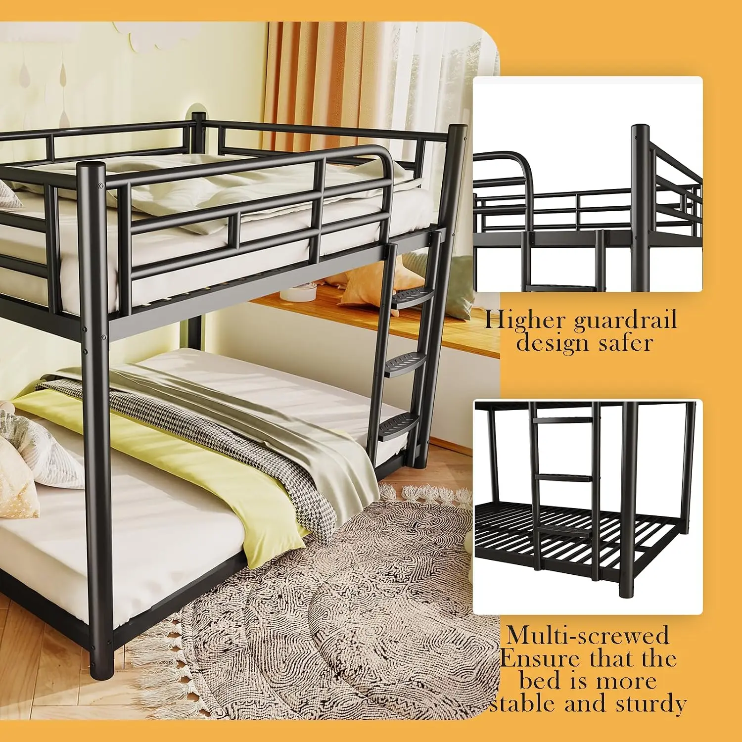 Full Over Full Metal Bunk Bed with Guardrail & Ladder, No Box Spring, Noise Free for Apartment & Bedroom, Customized