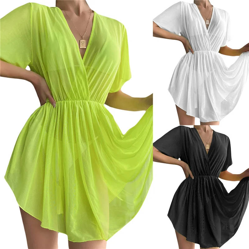 Women Swimwear Cover-up Dress, Short Sleeve V-Neck See-through Pleated Summer Beach Sunscreen Dress