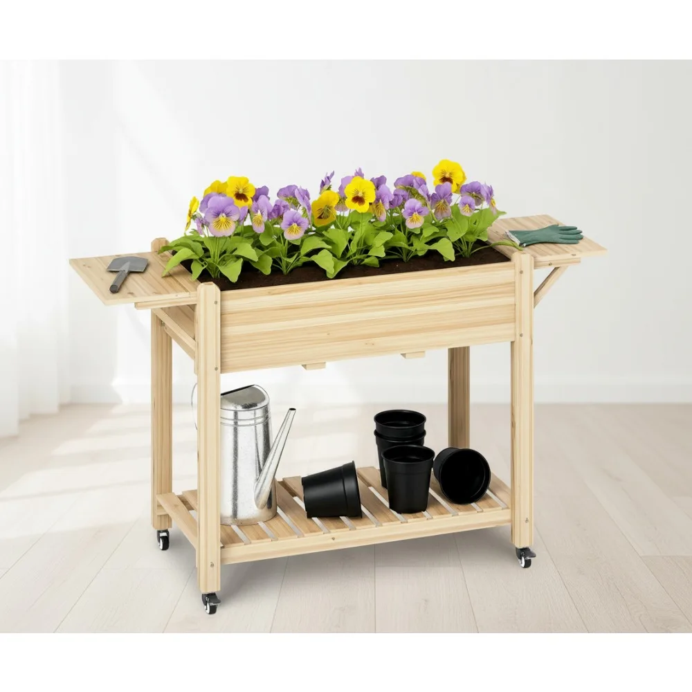 

Elevated Wooden Garden Bed with Wheels, Foldable Side Tables & Drainage Holes - Outdoor Raised Planter Box for Patio Gardening