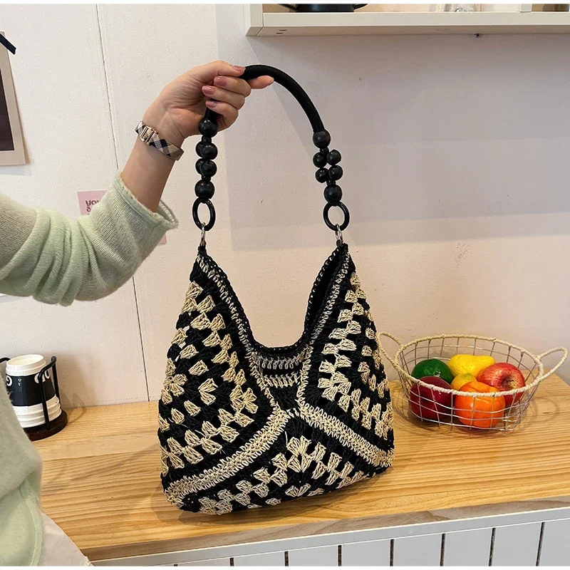 8 Stile Perlenbesetzte Häkel-Strick-Handtasche mit Farbblock-Design, Damen Sommer Hohlgeflochtene Handtasche, Leichte Lässige Strandtasche – Detail 12
