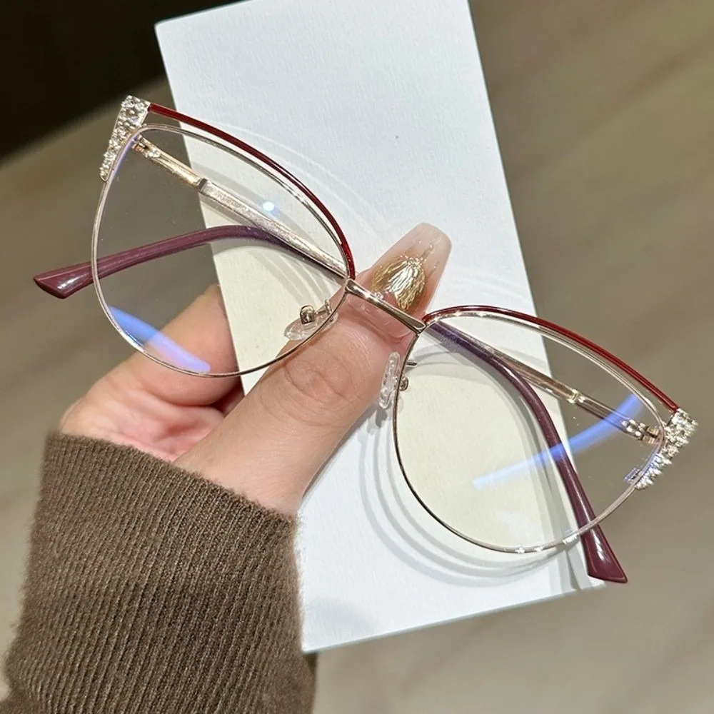 

Rhinestone Studded Anti-blue Light Glasses Transparent Metal Frame Square Frame Myopia Glasses Lightweight Anti Radiation