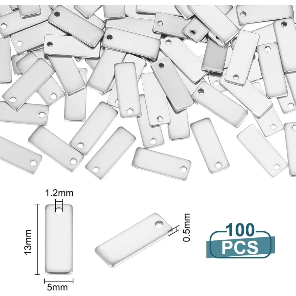 about 100Pcs Rectangle Metal Stamping Blank Tag 13mm Stainless Steel Blank Charms Name Tag Small Blank Pendants making kit