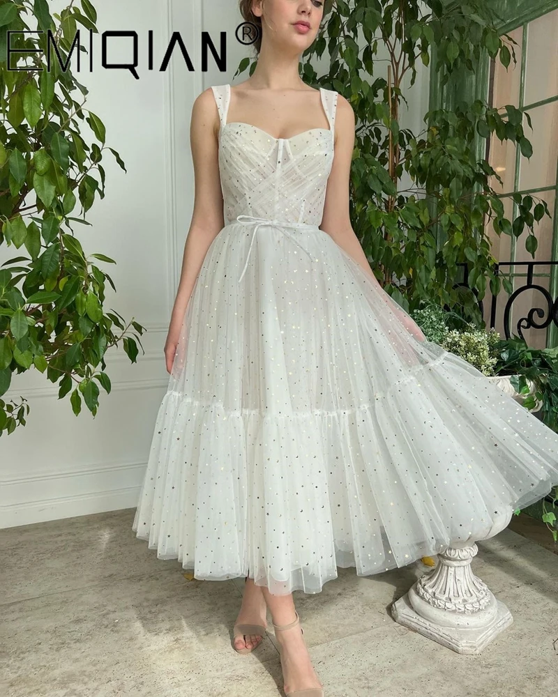 

Sparkly Starry Tulle Prom Dresses Sweetheart Tea-Length A-Line Tiered Evening Gowns Wedding Party Dress with Pockets