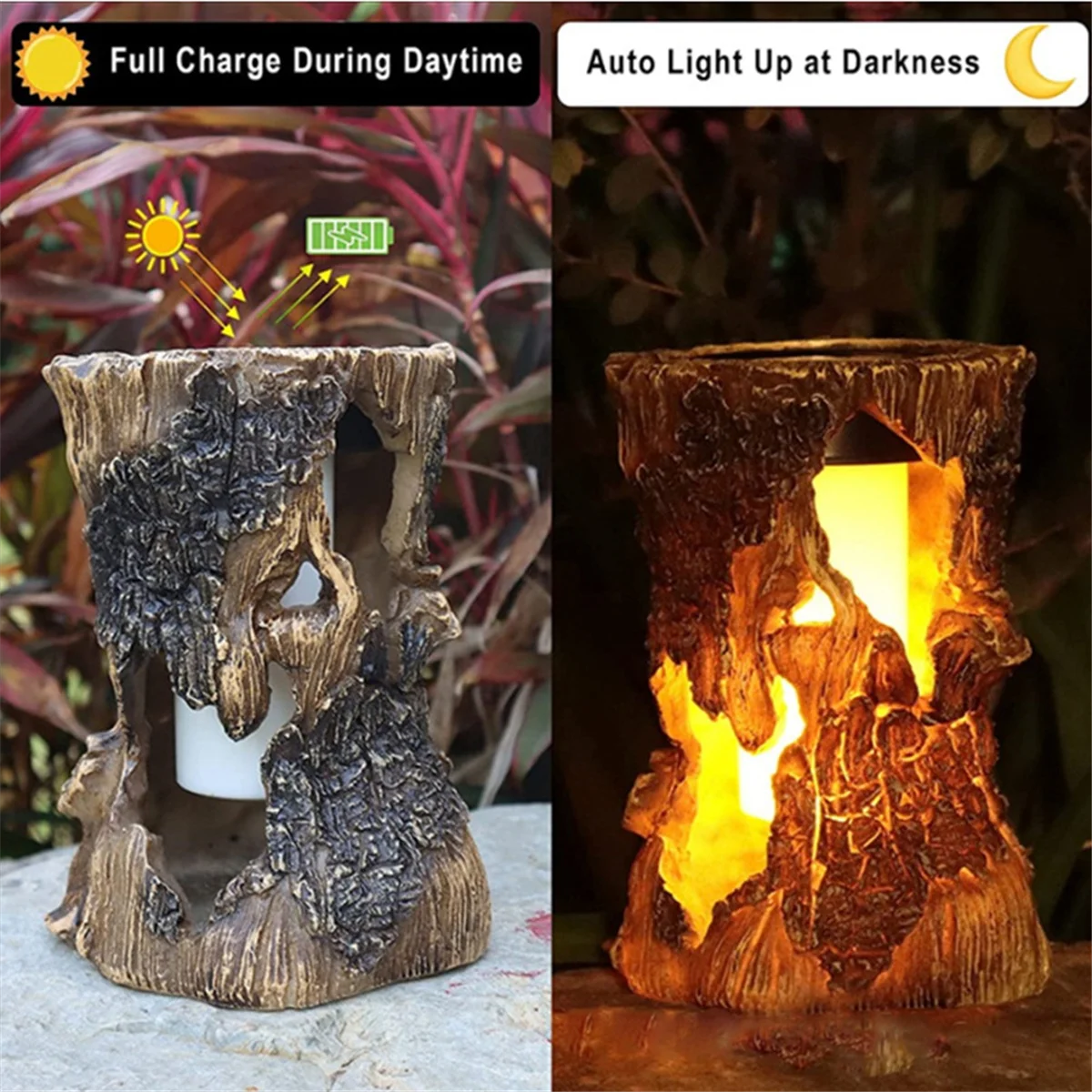 ABXHH ไฟพลังงานแสงอาทิตย์กลางแจ้ง Tree Stump Flame Light ตกแต่งกันน้ําสําหรับสวน ลาน และระเบียง