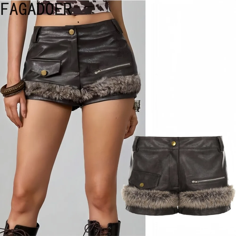 

FAGADOER Y2K Sexy Fur Leather Patchwork Shorts Woman Motor Zipper Low-rise Bodycon Shorts Fashion Female Streetwear Bottoms New