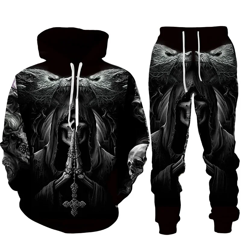 Skull 3D Print Men Punk Hoodie Suit Tracksuit/Pants Goth Skeletons Pullover Casual Streetwear Oversize Autumn Winter Hot-selling