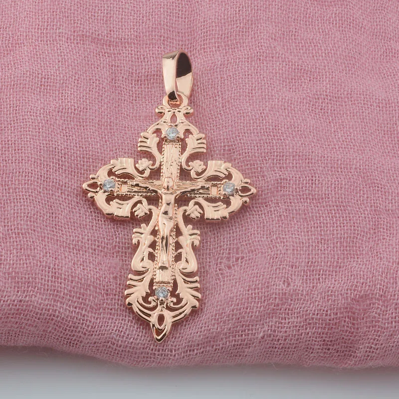 FJ Women New Men Big White Cubic Zircon Cross Pendant 585 Rose Gold Color Chains