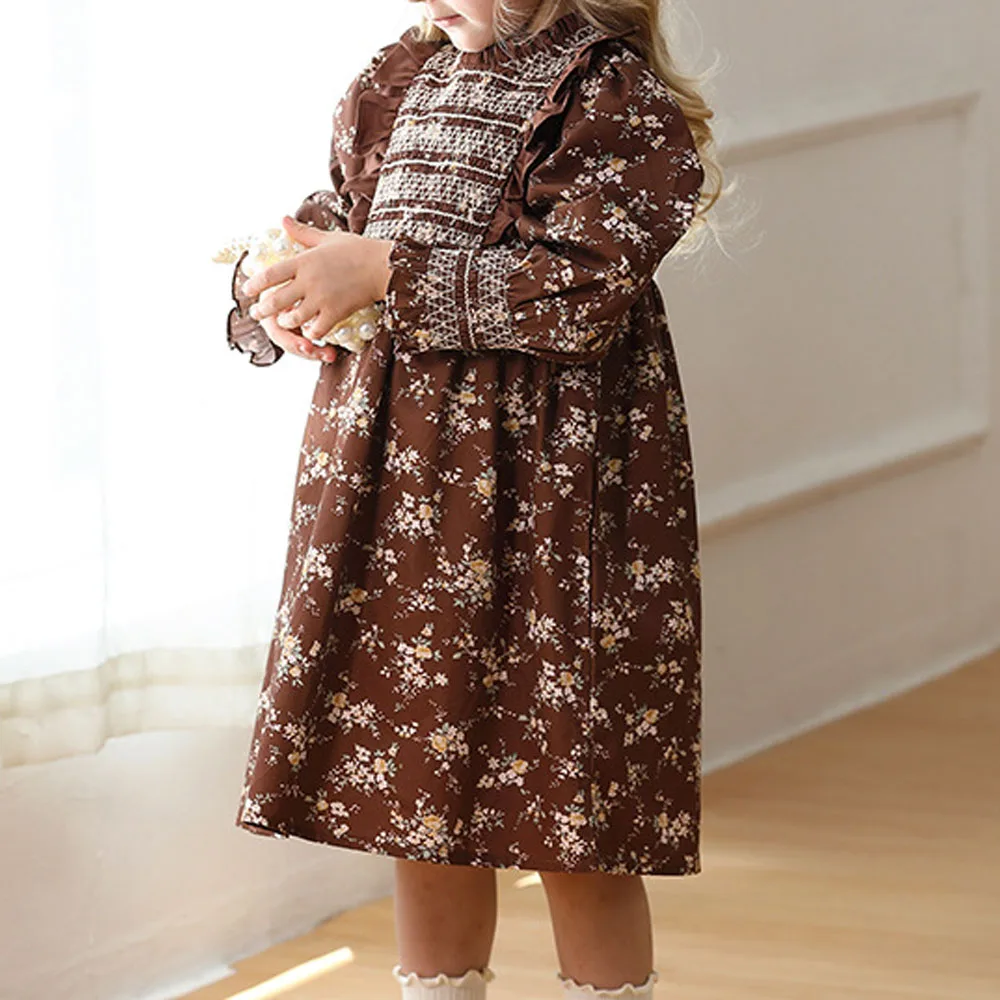 Autumn Baby Girl Clothing Casual Dresses French Vintage Children Princess Dress Fashion Flower Print Long Sleeve Loose Kid Dress