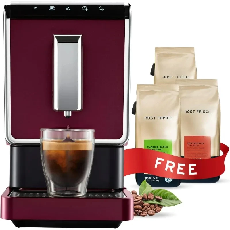 Automatic Espresso & Coffee Machine Bundle with Built-in Grinder, Comes With 3 x 12 oz. Bags of Whole Bean Coffee, Red