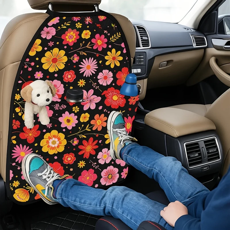 Car Seat Back Covers With Storage Pockets, Colorful Floral Pattern On Black, Universal Fit For Car Interior.