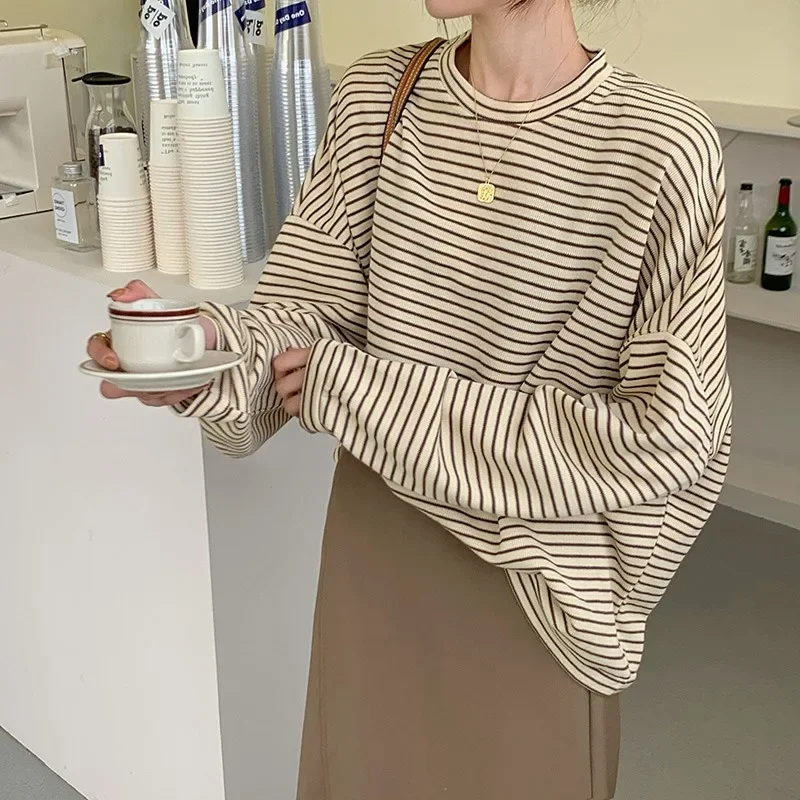 

Woman's Stripe Print Blouse Spring Summer Korean Long Sleeve O Neck Loose Blusa Feminina New Ladies Tops Y2k Casual Tee Shirt