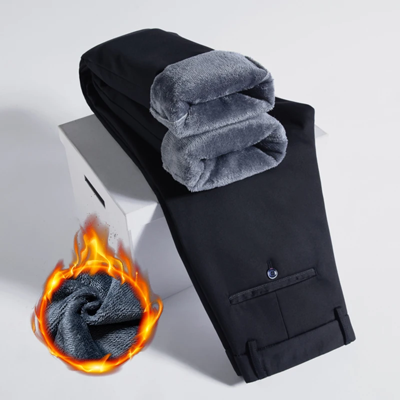 

Thick Winter Fleece Casual Pants Men's Business Straight Fashion Fleece Brand Trousers Loose Warm Plush Male Pants 29-42