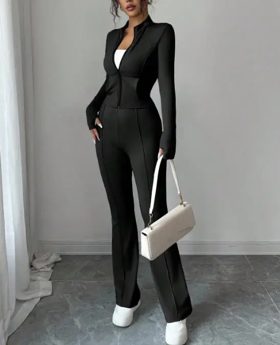 

Женский спортивный костюм: весенний модный комплект с приталенной курткой на молнии и длинными рукавами, брюки с высокой талией и расклешенным низом, идеально подходит для занятий спортом.