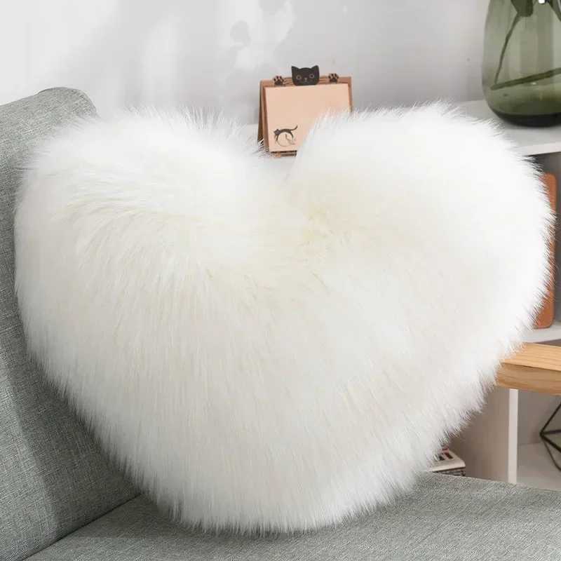 

Fluffy Faux Plush Throw Pillow Cases Soft and Stylish Chair Sofa Cushion Cover Heart Shaped Design Zip Closure Black in White