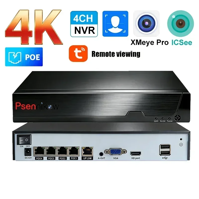 Видеорегистратор Tuya NVR H.265 4/8-канальный Smart PoE для систем видеонаблюдения 8 МП, удаленный просмотр, сетевой рекордер