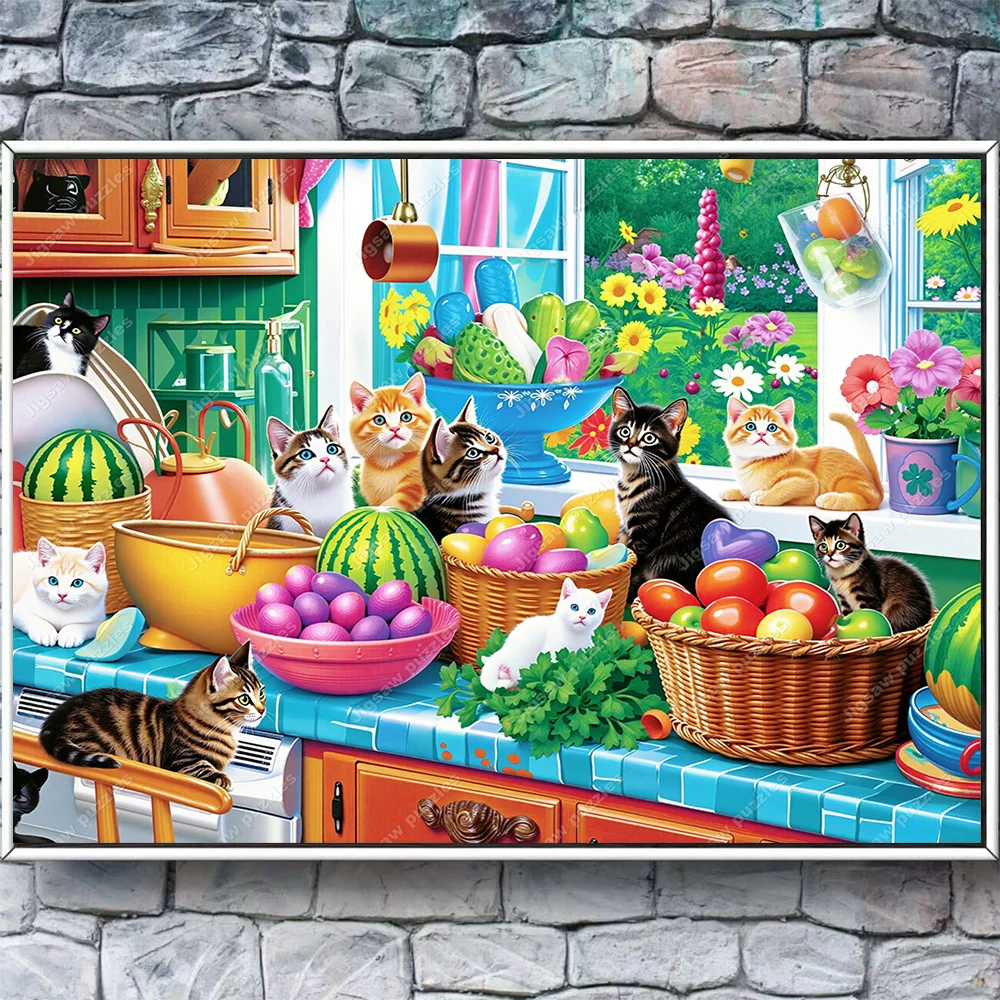 1000/2000/1314/520 قطعة أحجية الصور المقطوعة للبالغين - مشهد القطط والكبير والمطبخ مع قطط تابي/السلحفاة، قطع ألغاز للجري