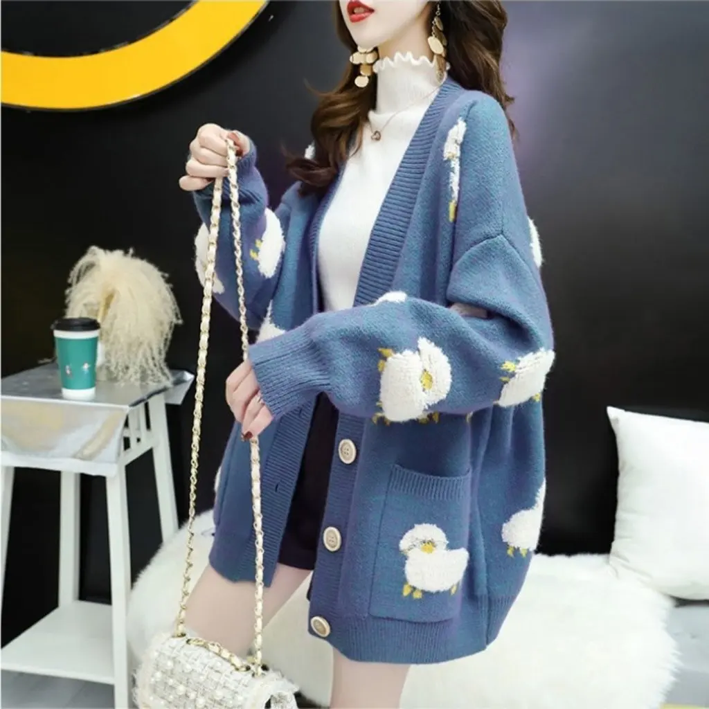 

Women's Thickened Knitted Cardigan Long Sleeve Korean Style Loose Lamb Jacquard Sweater Autumn Winter Large Size Jacket